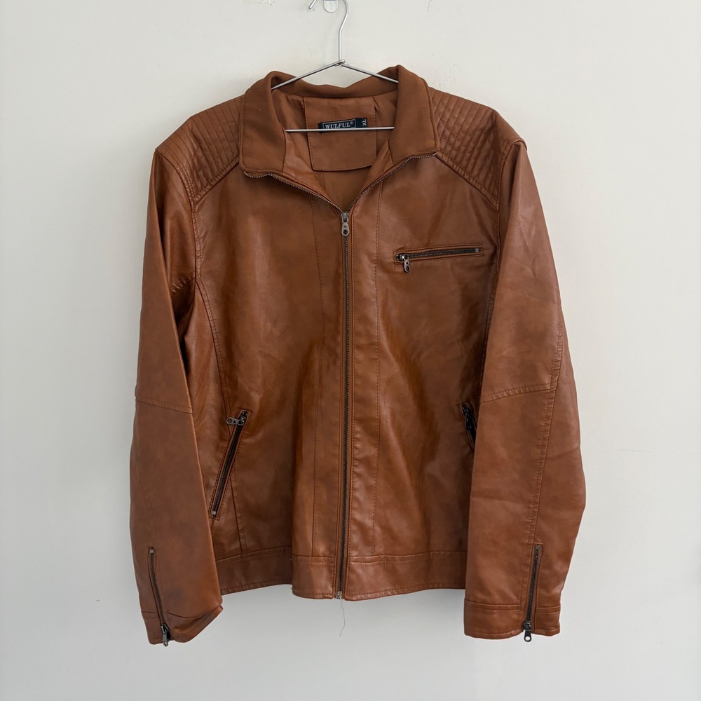 Wulful Mens Brown Faux Leather Moto Jacket XL Full Zip Quilted Shoulder